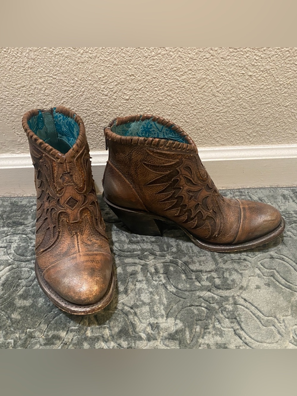 Corral Brown Leather Ankle Booties with Turquoise Liner